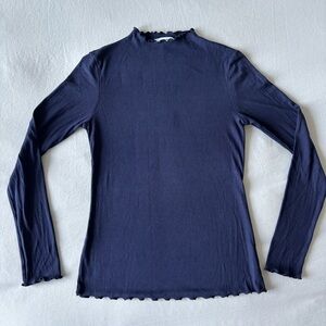 & Other Stories Midnight Blue Long Sleeve Top Mockneck turtleneck with ruffle